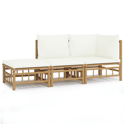 3 Piece Garden Lounge Set with Cream White Cushions  Bamboo