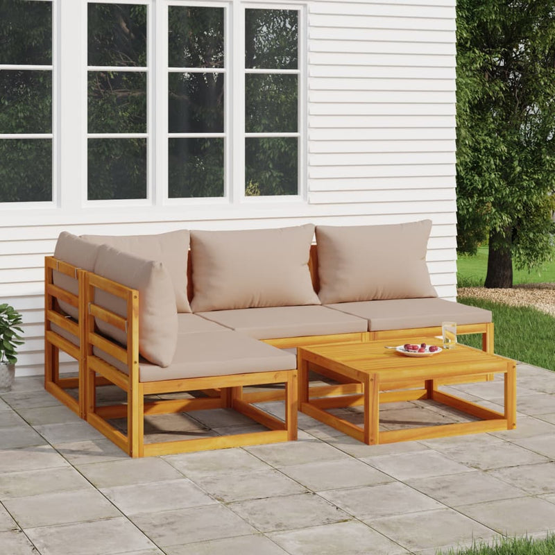 5 Piece Garden Lounge Set with Taupe Cushions Solid Wood