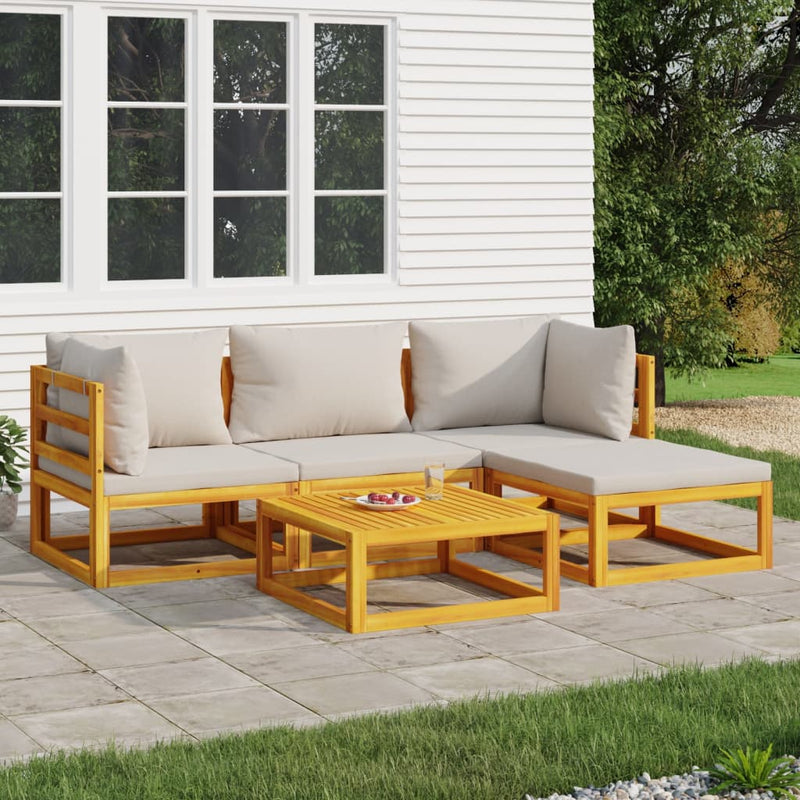 5 Piece Garden Lounge Set with Light Grey Cushions Solid Wood