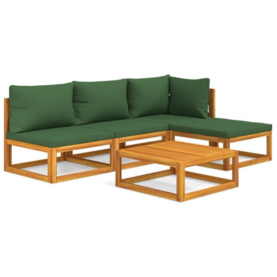 5 Piece Garden Lounge Set with Green Cushions Solid Wood