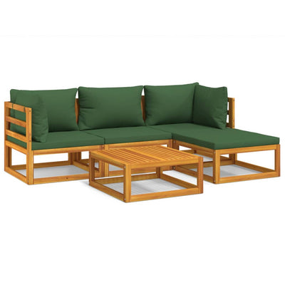 5 Piece Garden Lounge Set with Green Cushions Solid Wood