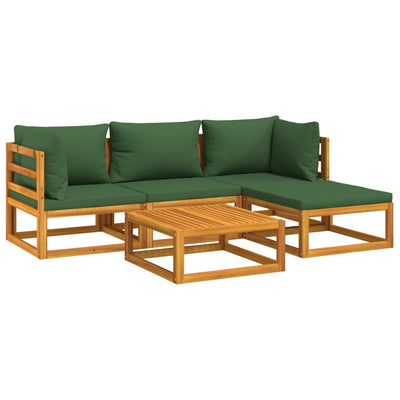 5 Piece Garden Lounge Set with Green Cushions Solid Wood