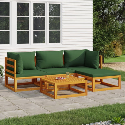 5 Piece Garden Lounge Set with Green Cushions Solid Wood