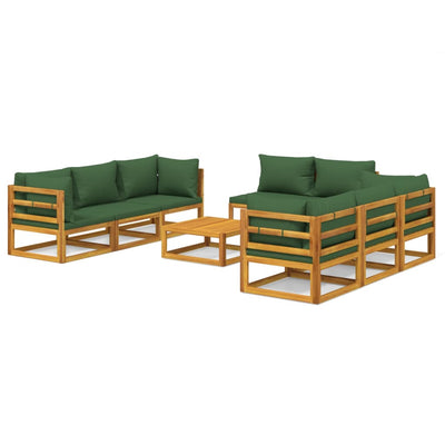 9 Piece Garden Lounge Set with Green Cushions Solid Wood