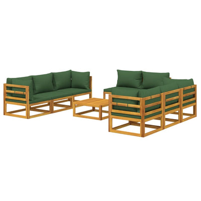 9 Piece Garden Lounge Set with Green Cushions Solid Wood