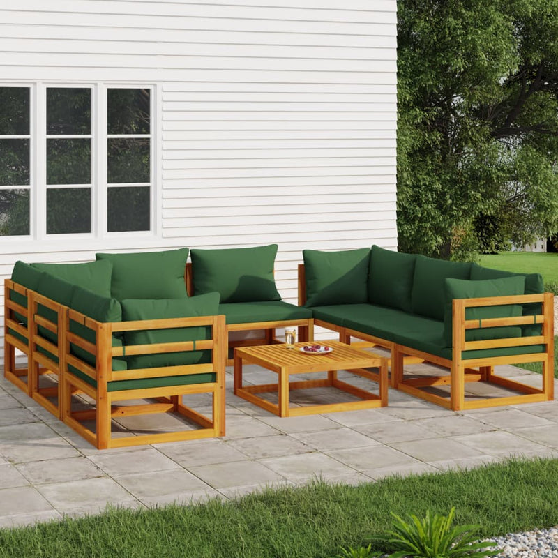 9 Piece Garden Lounge Set with Green Cushions Solid Wood