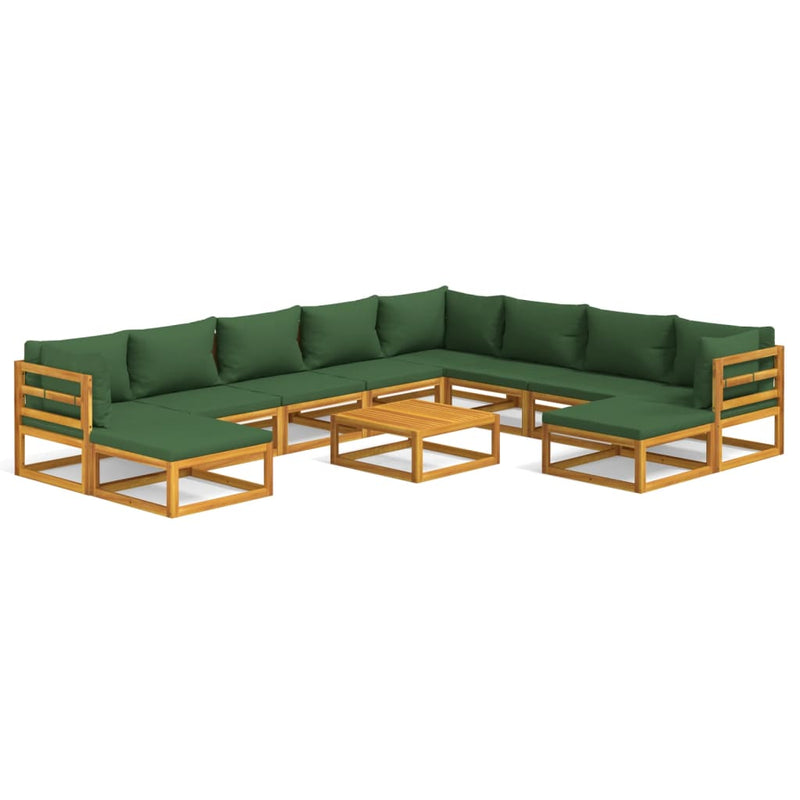 11 Piece Garden Lounge Set with Green Cushions Solid Wood