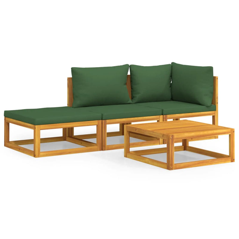 4 Piece Garden Lounge Set with Green Cushions Solid Wood