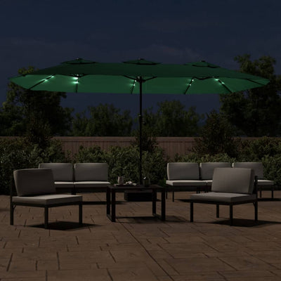 Double-Head Garden Parasol with LEDs Green 449x245 cm