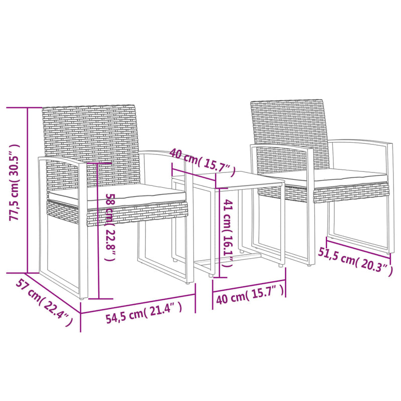 3 piece Garden Dining Set with Cushions Brown PP Rattan