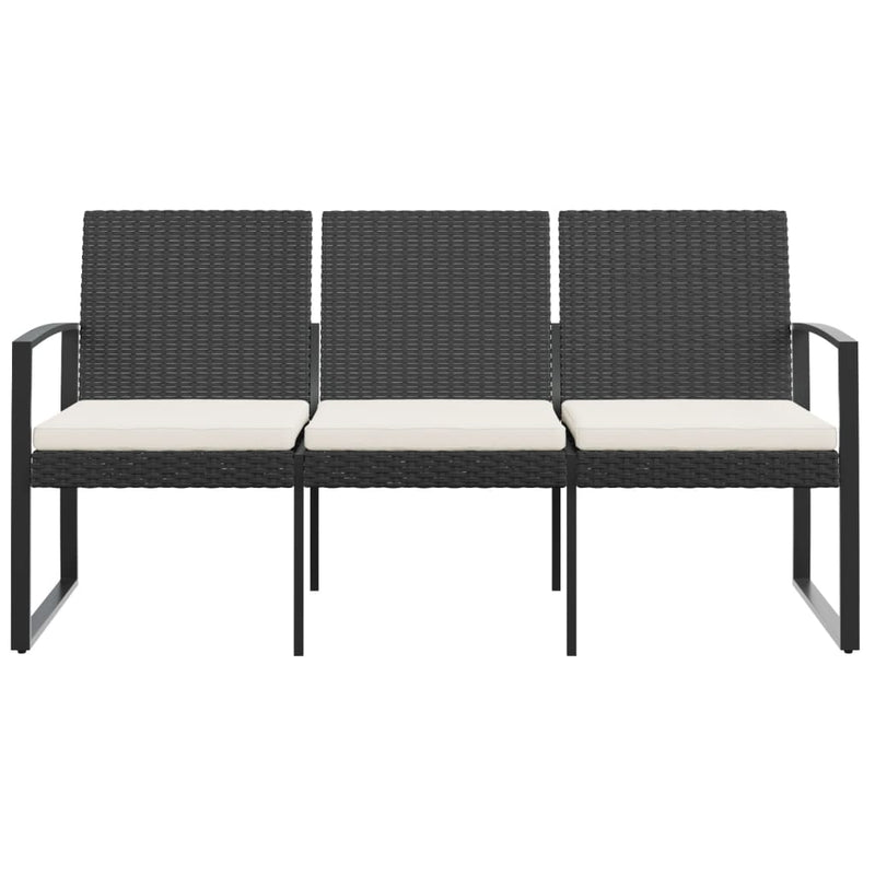 3-Seater Garden Bench with Cushions Black PP Rattan