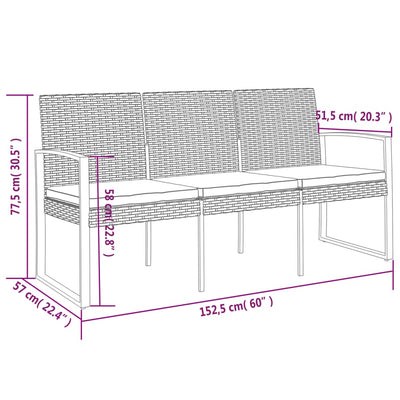 3-Seater Garden Bench with Cushions Black PP Rattan