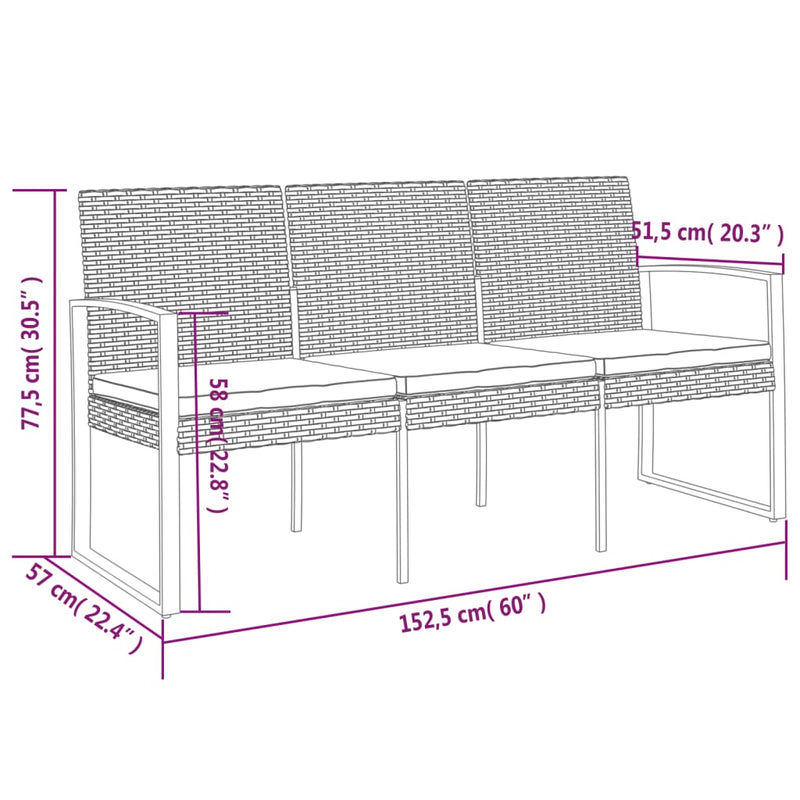 3-Seater Garden Bench with Cushions Black PP Rattan