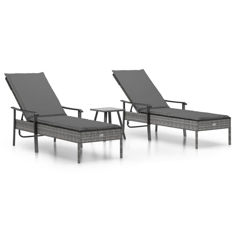 Sun Loungers 2 pcs with Table and Cushions Grey Poly Rattan