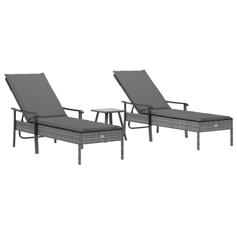 Sun Loungers 2 pcs with Table and Cushions Grey Poly Rattan