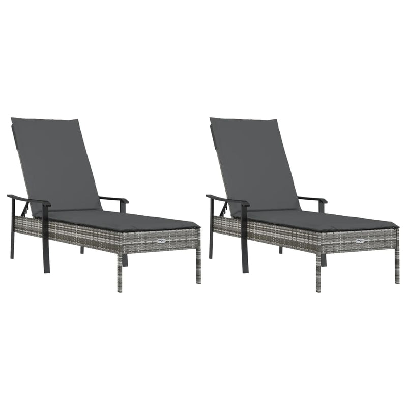 Sun Loungers 2 pcs with Table and Cushions Grey Poly Rattan