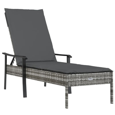 Sun Loungers 2 pcs with Table and Cushions Grey Poly Rattan