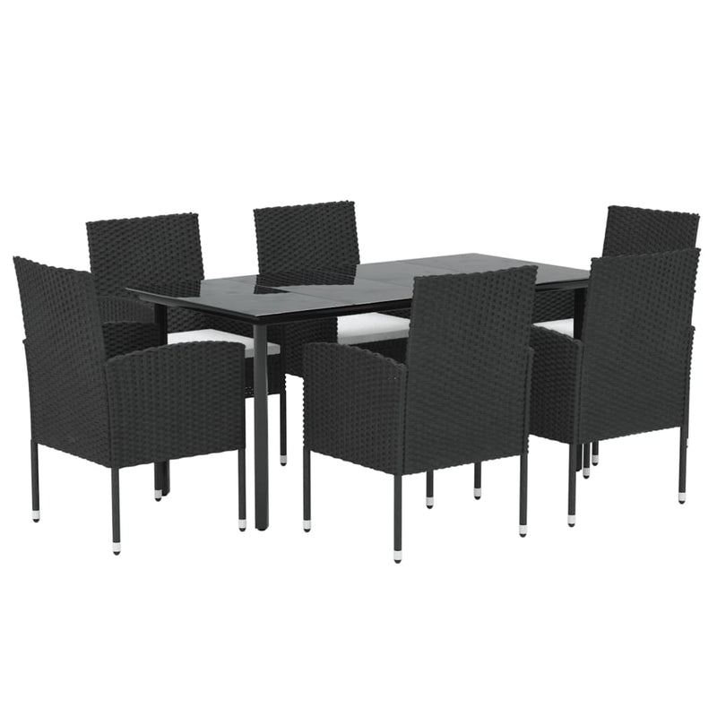 7 Piece Garden Dining Set with Cushions Black Poly Rattan