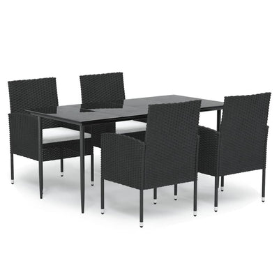 5 Piece Garden Dining Set with Cushions Black Poly Rattan