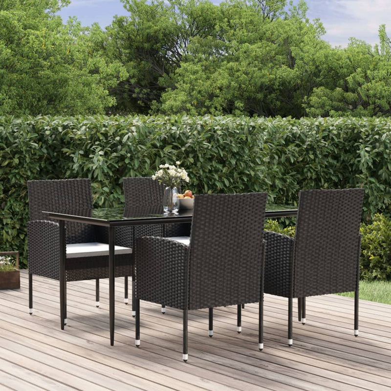 5 Piece Garden Dining Set with Cushions Black Poly Rattan