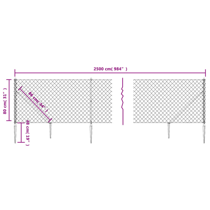 Chain Link Fence with Spike Anchors Green 0.8x25 m