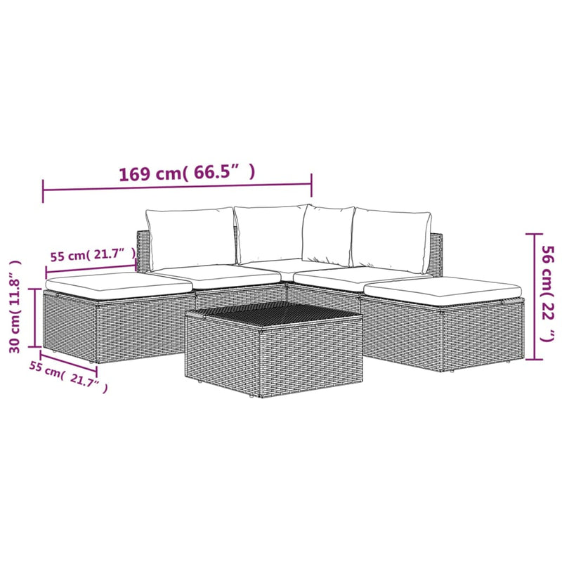 6 Piece Garden Lounge Set with Cushions Grey Poly Rattan