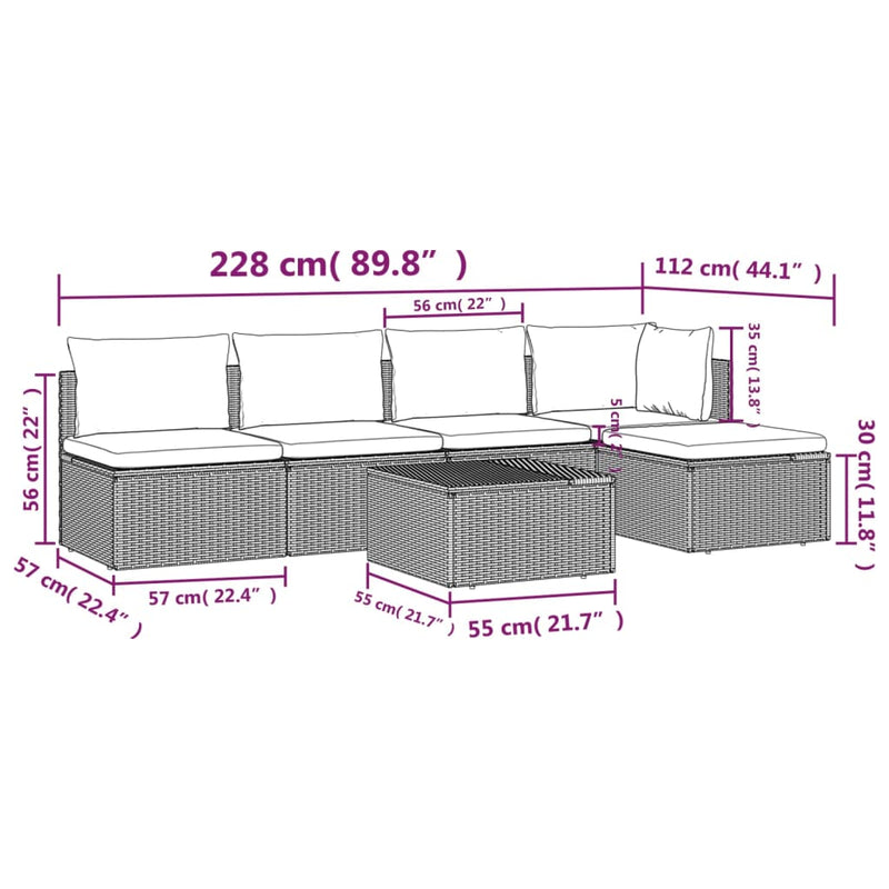 6 Piece Garden Lounge Set with Cushions Grey Poly Rattan