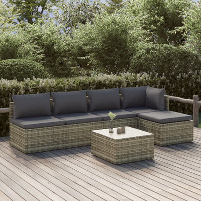 6 Piece Garden Lounge Set with Cushions Grey Poly Rattan