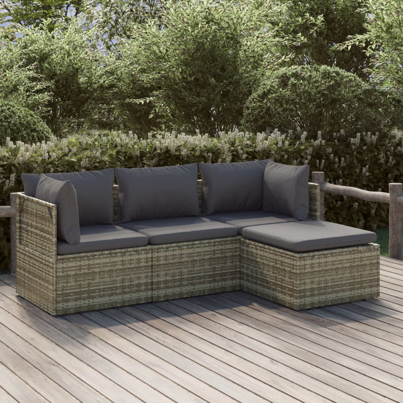 4 Piece Garden Lounge Set with Cushions Grey Poly Rattan