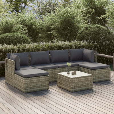 7 Piece Garden Lounge Set with Cushions Grey Poly Rattan