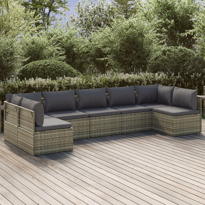 7 Piece Garden Lounge Set with Cushions Grey Poly Rattan