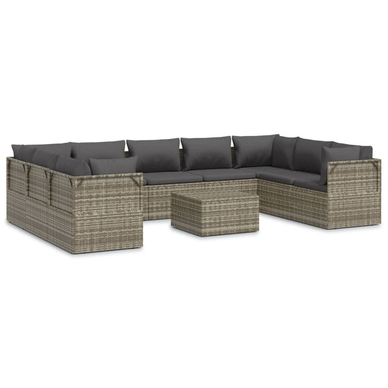 10 Piece Garden Lounge Set with Cushions Grey Poly Rattan