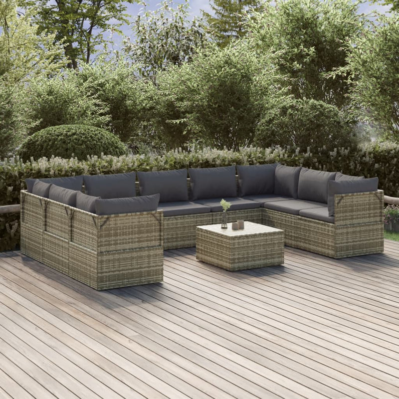 10 Piece Garden Lounge Set with Cushions Grey Poly Rattan