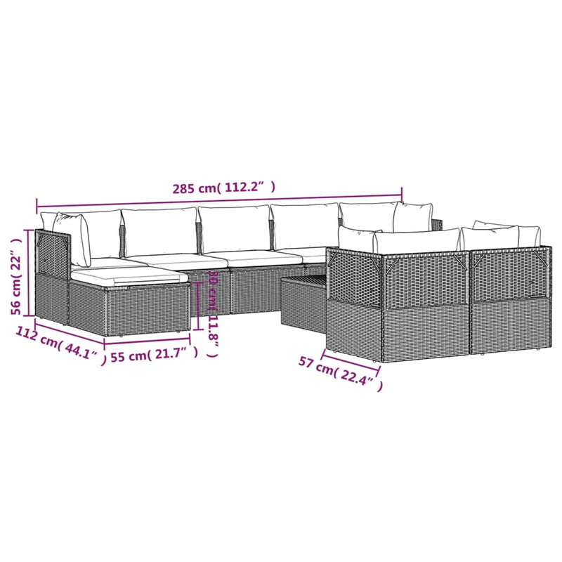 10 Piece Garden Lounge Set with Cushions Grey Poly Rattan