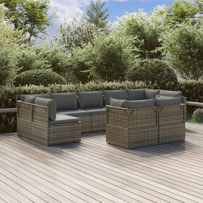 9 Piece Garden Lounge Set with Cushions Grey Poly Rattan