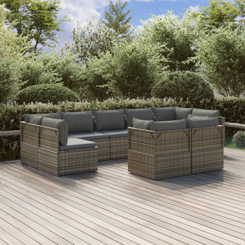 9 Piece Garden Lounge Set with Cushions Grey Poly Rattan