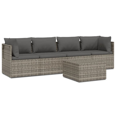 5 Piece Garden Lounge Set with Cushions Grey Poly Rattan