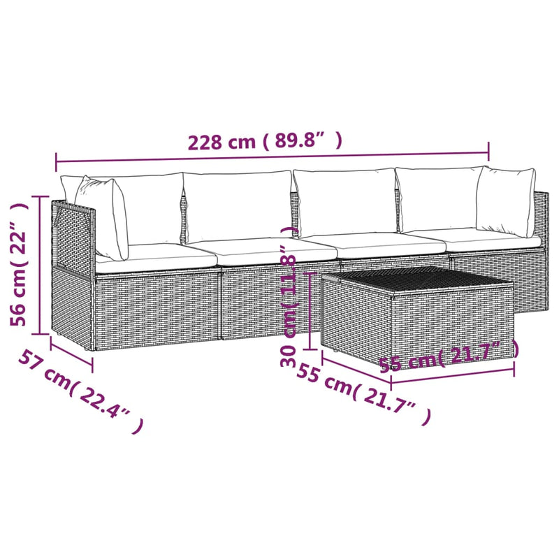 5 Piece Garden Lounge Set with Cushions Grey Poly Rattan