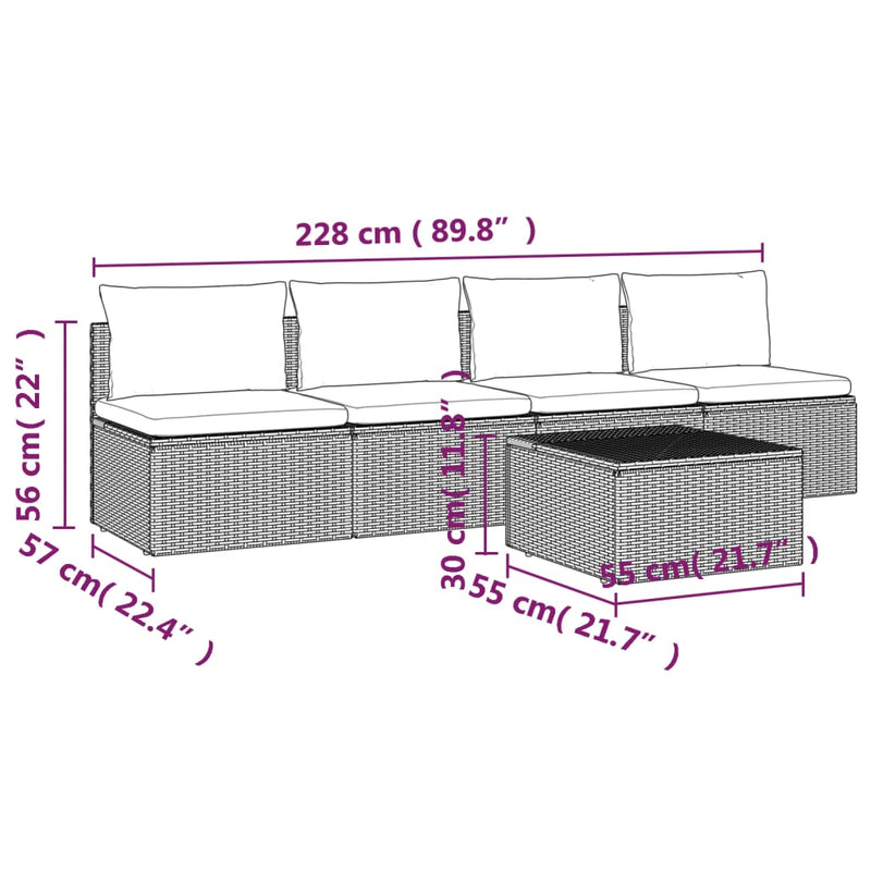 5 Piece Garden Lounge Set with Cushions Grey Poly Rattan