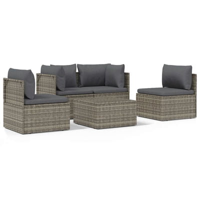 5 Piece Garden Lounge Set with Cushions Grey Poly Rattan