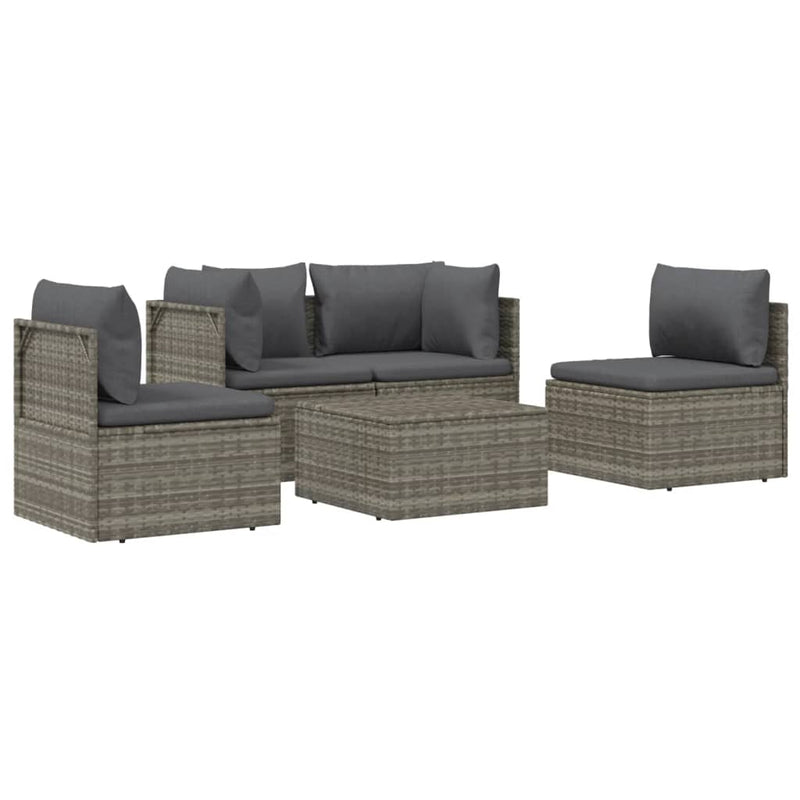 5 Piece Garden Lounge Set with Cushions Grey Poly Rattan