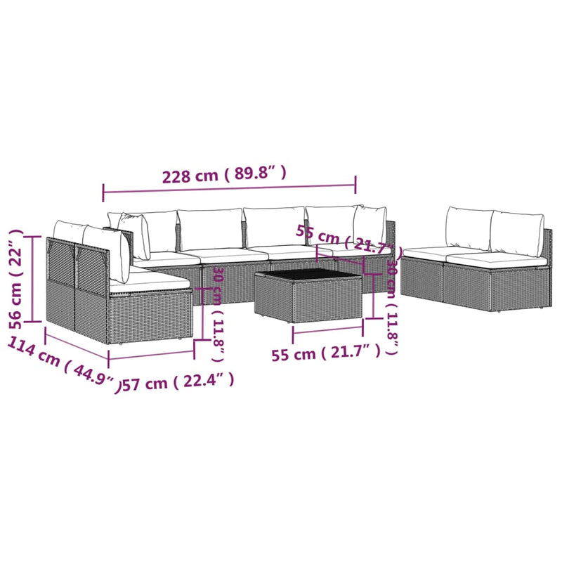 9 Piece Garden Lounge Set with Cushions Grey Poly Rattan