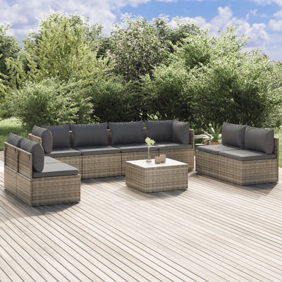 9 Piece Garden Lounge Set with Cushions Grey Poly Rattan