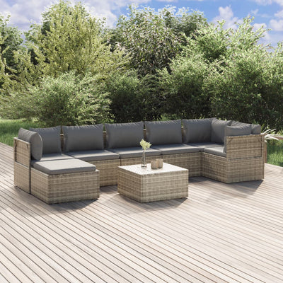 8 Piece Garden Lounge Set with Cushions Grey Poly Rattan