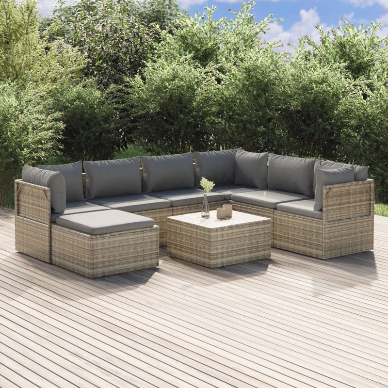 8 Piece Garden Lounge Set with Cushions Grey Poly Rattan