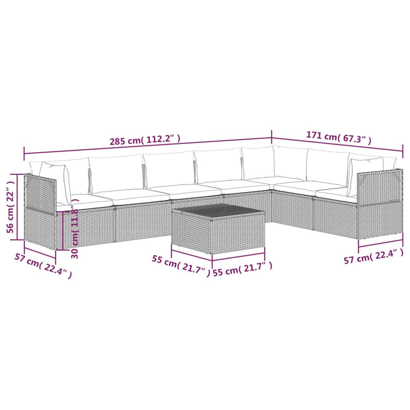 8 Piece Garden Lounge Set with Cushions Grey Poly Rattan