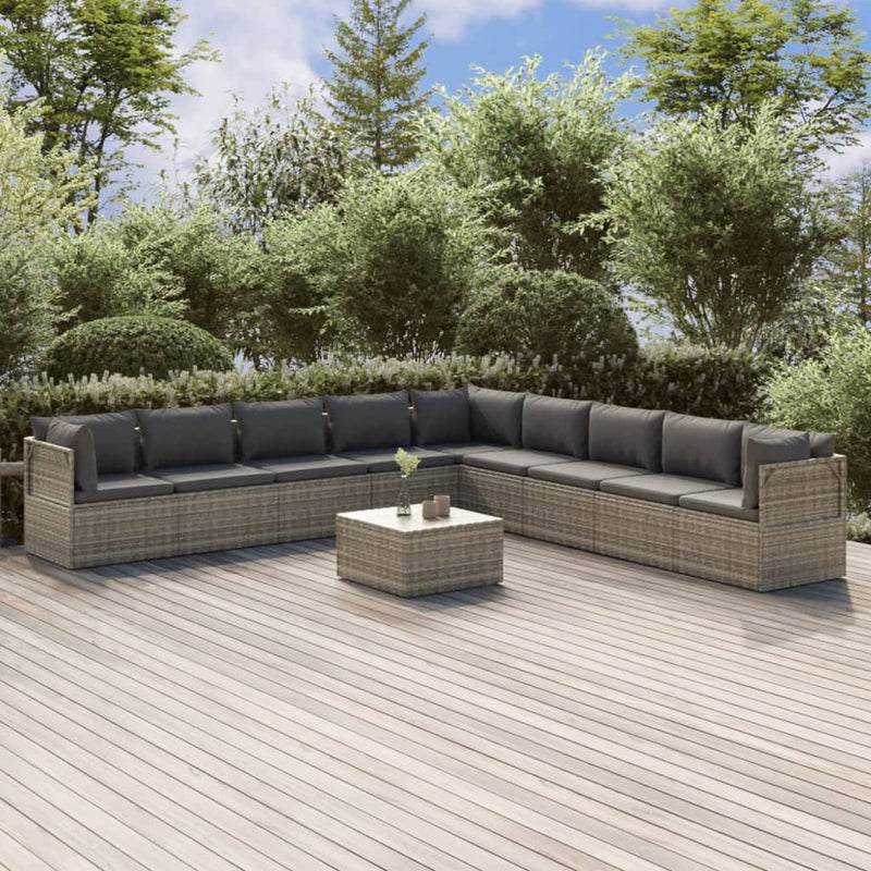 10 Piece Garden Lounge Set with Cushions Grey Poly Rattan