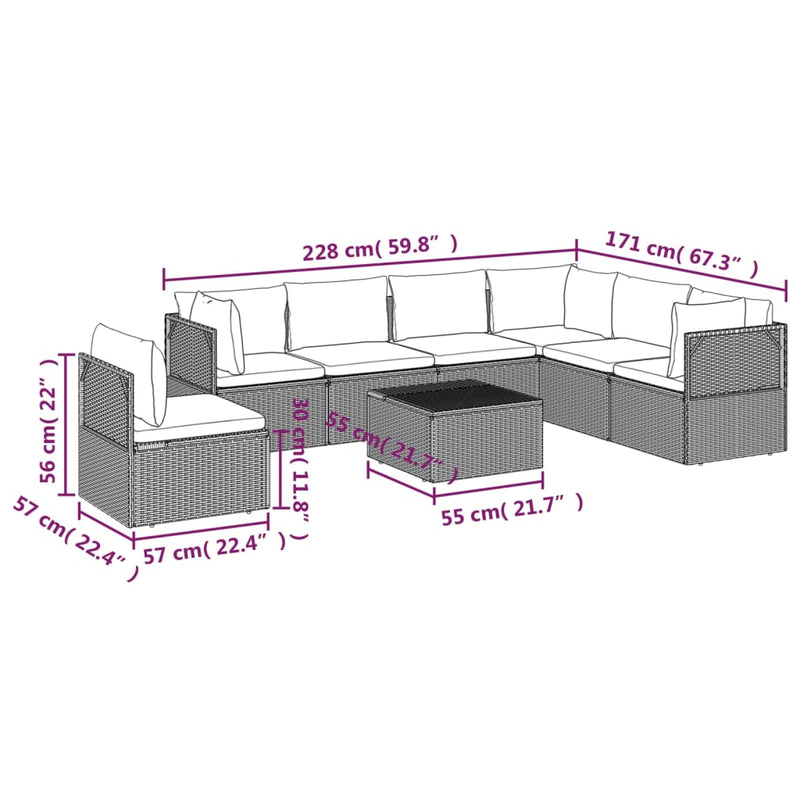 8 Piece Garden Lounge Set with Cushions Grey Poly Rattan