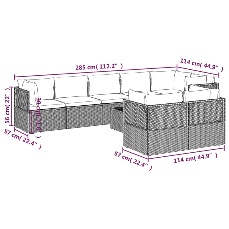 9 Piece Garden Lounge Set with Cushions Grey Poly Rattan