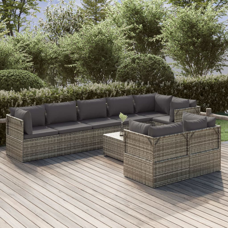 9 Piece Garden Lounge Set with Cushions Grey Poly Rattan